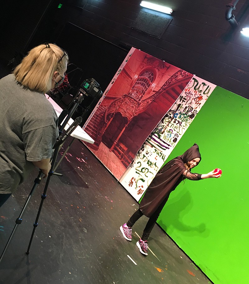 Lily Jennings (right) plays the Evil Queen during filming of 'Mirror, Mirror on The Wall — A Virtual Fractured Fairy Tale' at the Arts & Science Center for Southeast Arkansas. The production is edited by Lindsey Collins, (left), ASC's theater education coordinator. (Special to The Commercial)