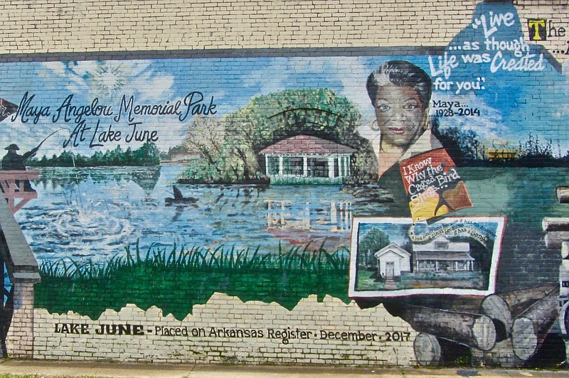 Maya Angelou is the central figure in a downtown mural at Stamps, where she grew up. (Special to the Democrat-Gazette/Marcia Schnedler)