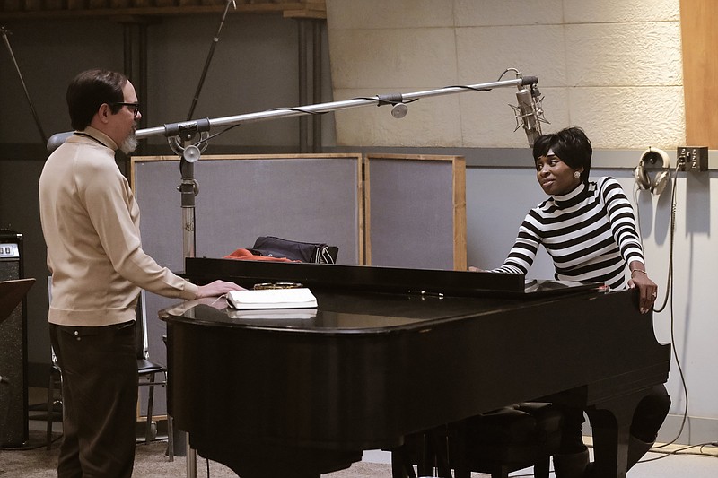 Music producer Jerry Wexler (left), played by David Cross, talks with Aretha Franklin, played by Cynthia Erivo, in the studio in “Genius: Aretha.” (Richard DuCree/National Geographic)