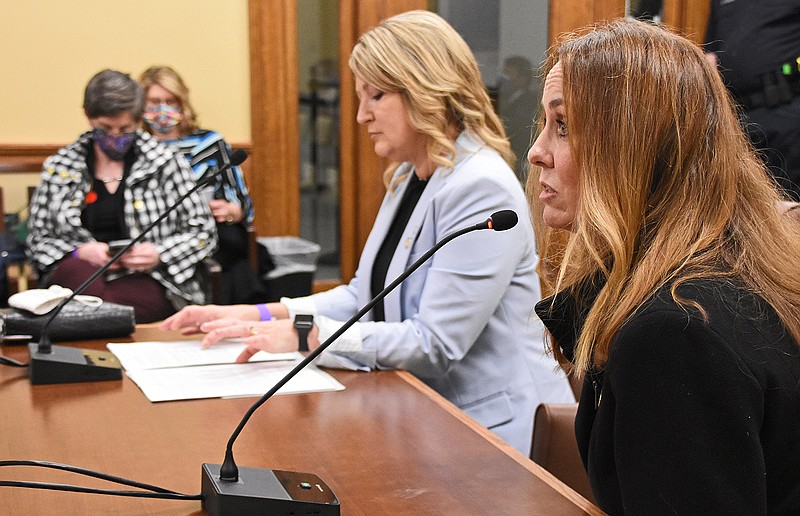 Sen. Missy Irvin (right), R-Mountain View, speaks in favor of SB354 regarding transgender athletes during the House Education Committee meeting Thursday, March 18, 2021 at the state Capitol in Little Rock.
(Arkansas Democrat-Gazette/Staci Vandagriff)