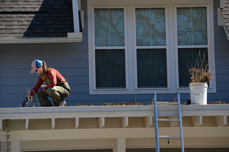 Lee Porter, owner and operator of Ozark Green Roofs in Fayetteville, tends to plants on a green roof March 4, atop the front porch of a house on College Avenue in Fayetteville. The Northwest Arkansas Council and Walton Family Foundation are collaborating to create a center on workforce housing in the region
(File photo/NWA Democrat-Gazette/Andy Shupe)