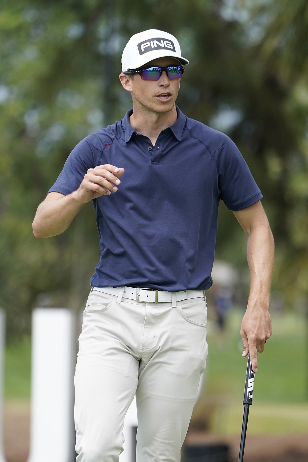 Brandon Hagy gestures after making a birdie putt on the eighth hole during the second round of the Honda Classic golf tournament, Friday, March 19, 2021, in Palm Beach Gardens, Fla. (AP Photo/Marta Lavandier)