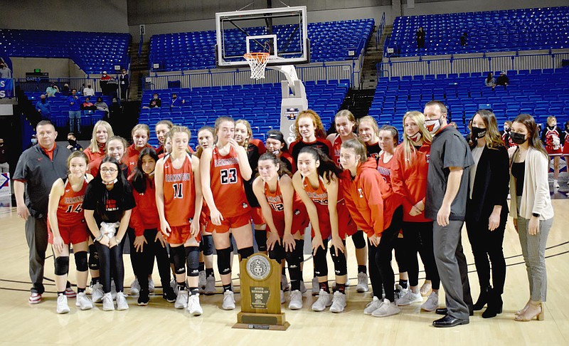 MARK HUMPHREY  ENTERPRISE-LEADER/Farmington's girls basketball team coached by Brad Johnson finished as State Runner-up for the 2020-2021 season with a 68-54 loss to Harrison in the Class 4A State Finals on Saturday at Bank OZK Arena in Hot Springs. The Lady Cardinals finished 23-8.