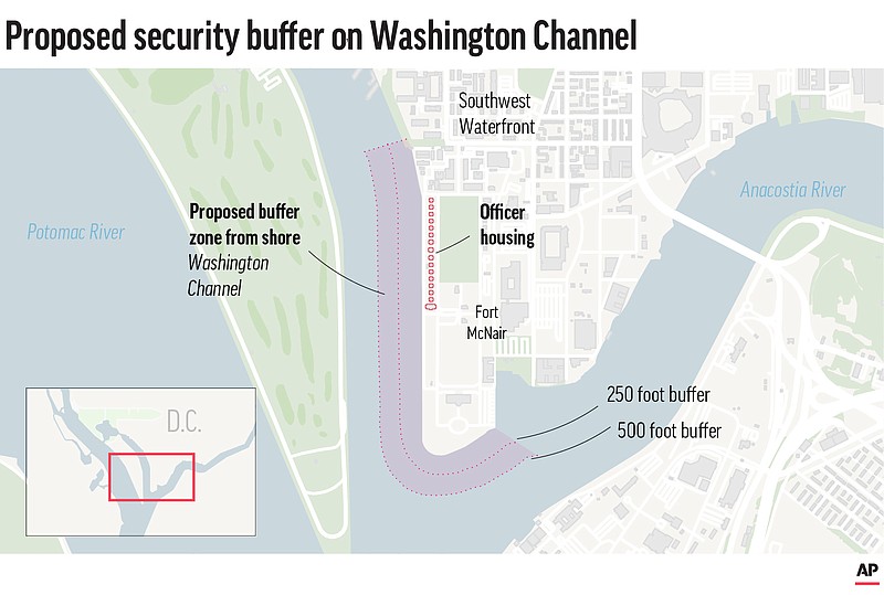 Map shows the location of Fort McNair and surrounding area along with the proposed buffer zone. Proposed new restrictions along Fort McNair’s Southwest Waterfront would protect army housing.