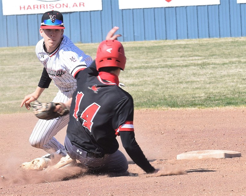 RICK PECK/SPECIAL TO MCDONALD COUNTY PRESS McDonald County shortstop Cross Dowd tags a Grove runner attempting to steal second base during the Mustangs' 6-4 win in the consolation finals of the Ozarks Baseball Classic on March 20 in Harrison, Ark.