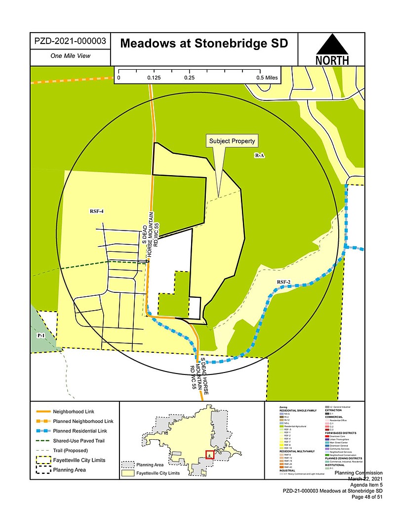 A map shows the proposed location of Meadows at Stonebridge subdivision east of Dead Horse Mountain Road in south Fayetteville. The city's Planning Commission on Monday approved a zoning plan for the project, which includes 168 residential lots and one lot with a potential mix of commercial and residential uses. (Courtesy/City of Fayetteville)