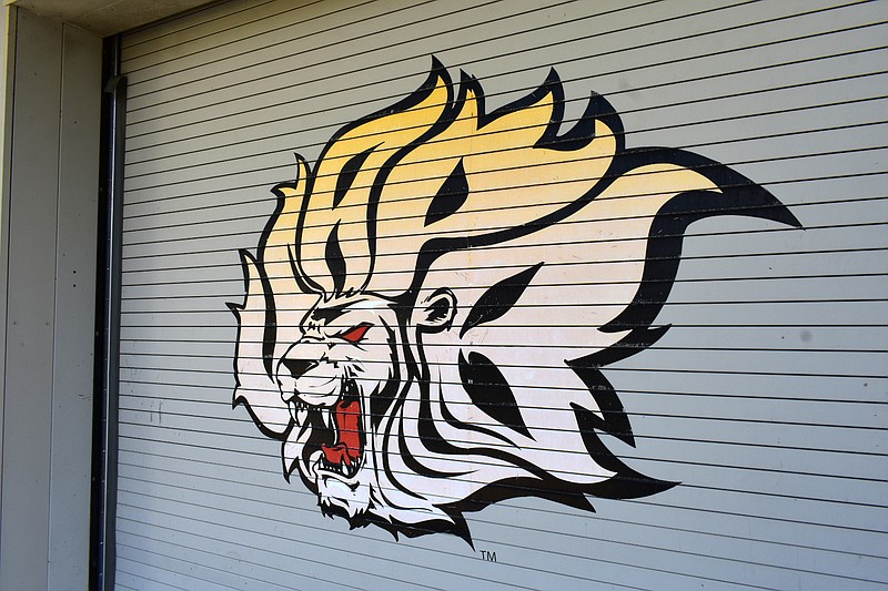 The UAPB Golden Lions logo is printed on a storage garage door at Simmons Bank Field. (Pine Bluff Commercial/I.C. Murrell)