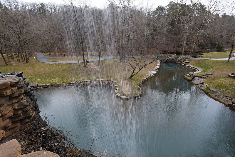 A waterfall spills into a lagoon on Feb. 26 2021 at Dogwood Canyon Nature Park in southwest Missouri. The park is a haven for hiking, biking, bird watching and nature enjoyment 30 minutes east of Eagle Rock, Mo.
(NWA Democrat-Gazette/Flip Putthoff)