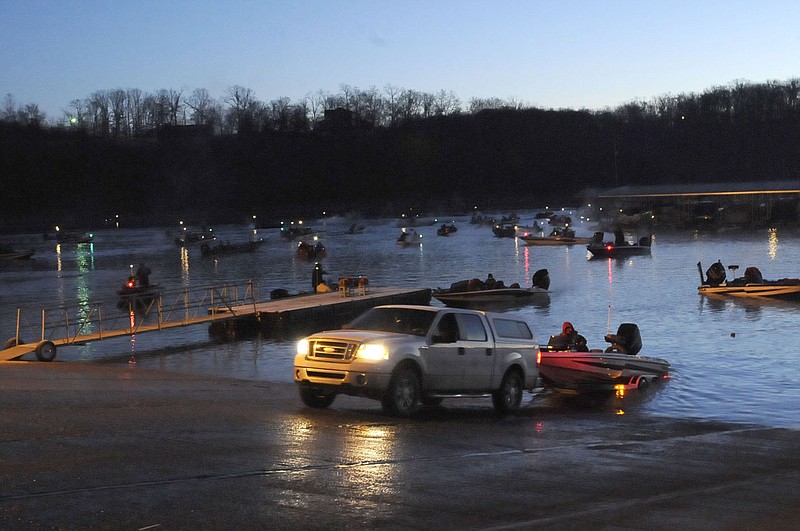 Anglers launch boats at Prairie Creek park on Beaver Lake during a fishing tournament. New boaters who practice launching their boats, and getting them back on the trailer, will be prepared when prime boating season arrives.
(NWA Democrat-Gazette/Flip Putthoff)