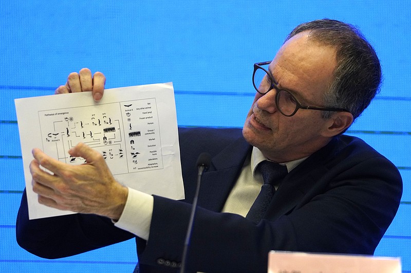 The Associated Press
Peter Ben Embarek of the World Health Organization team holds up a chart showing pathways of transmission of the virus during a joint news conference on Feb. 9 at the end of the WHO mission in Wuhan in central China's Hubei province.