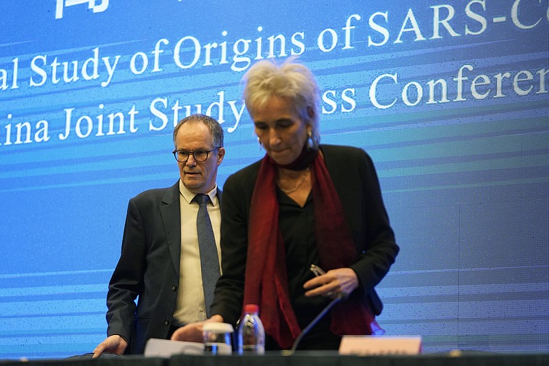 FILE - In this Feb. 9, 2021, file photo, Marion Koopmans, right, and Peter Ben Embarek of a World Health Organization team arrive for a joint press conference at the end of their mission to investigate the origins of the coronavirus pandemic in Wuhan in central China's Hubei province. A joint WHO-China study on the origins of COVID-19 says that transmission from bats to humans through another animal is the most likely scenario and that a lab leak is “extremely unlikely," according to a draft copy obtained by The Associated Press. (AP Photo/Ng Han Guan, File)