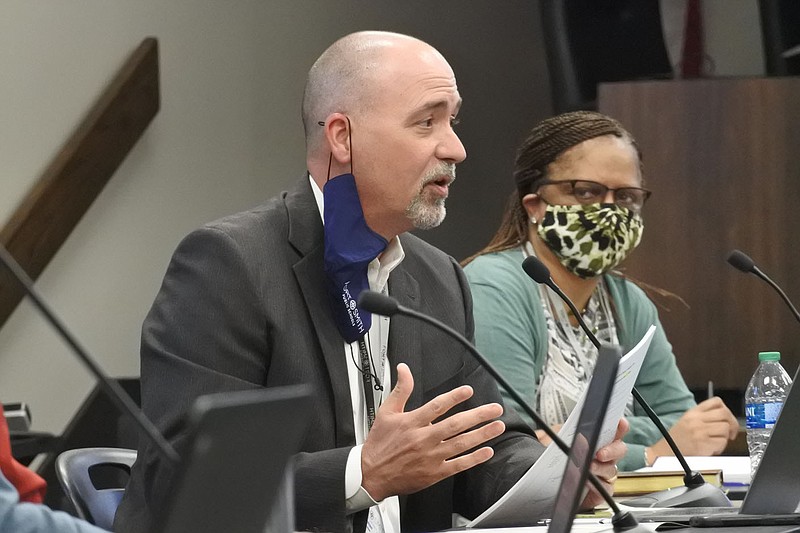 Fort Smith School District Deputy Superintendent Martin Mahan talks about the district's Ready to Learn Plan during the Fort Smith School Board's regular meeting Monday. 
(NWA Democrat-Gazette/Thomas Saccente)