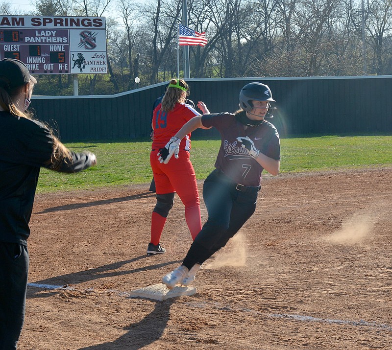 Graham Thomas/Herald-Leader
Brooke Smith, Siloam Springs sophomore, rounds third base on her way home during the first inning of Monday's softball game at La-Z-Boy Park.