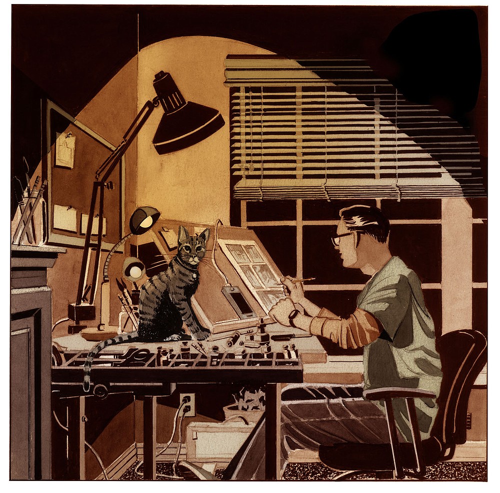 Sean Fitzgibbon created this rendering of himself at work on his upcoming graphic novel, “What Follows Is True: Crescent Hotel.” (Courtesy Image/Copyright Sean Fitzgibbon)