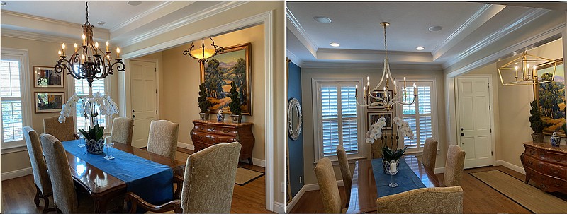 Light years ahead ― The author’s dining room and foyer before and after getting a light fixture update. Changing light fixtures is a good time to upgrade lightbulbs, too. (Courtesy of Marni Jameson)
