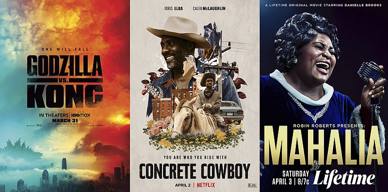 “Godzilla vs Kong” started airing on HBO Max on Wednesday; “Concrete Cowboy” premieres Friday April 2 on Netflix; and “Robin Roberts Presents: Mahalia,” premieres Saturday on Lifetime. (HBO Max/Netflix/Lifetime via AP)