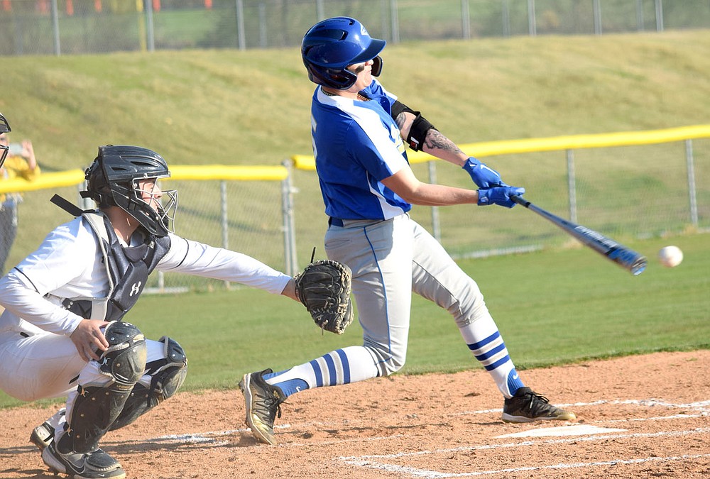 Westside Eagle Observer/MIKE ECKELS
Zac Luker get a piece of the ball sending into left field for a base hit during the Thaden-Decatur baseball contest in Springdale March 29. The Barnstormers picked up the win 5-2 over the Bulldogs in this non-conference game.