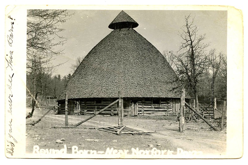 Norfork, 1948: Frank Pierce built this round barn on his farm in 1913, roofing it with 47,000 hand-cut oak shingles.
