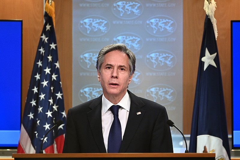 Secretary of State Antony Blinken speaks about the release of the '2020 Country Reports on Human Rights Practices,' at the State Department in Washington, Tuesday, March 30, 2021. (Mandel Ngan/Pool via AP)