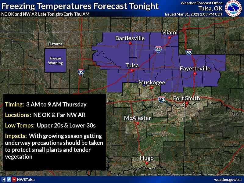 Freezing weather is on the way to Northwest Arkansas, the National Weather Service says.