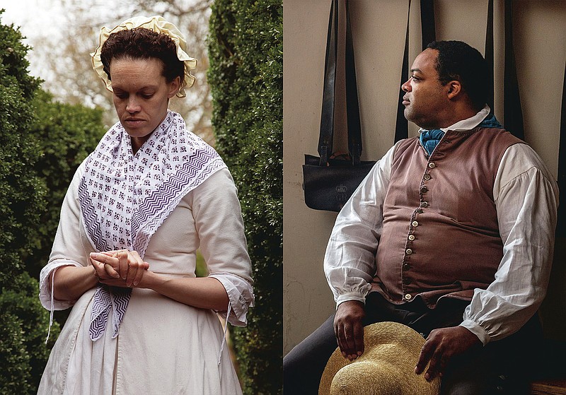 Mary Carter portrays Aggy of Turkey Island on Feb. 27, 2019, left, and  Stephen Seals portrays James Armistead Lafayette on Sept 19, 2017,  at Colonial Williamsburg, an immersive living-history museum in Williamsburg, Virginia, where costumed interpreters of history reenact scenes and portray figures from that period. (Tom Green, left, and Darnell Vennie/Colonial Williamsburg via AP)