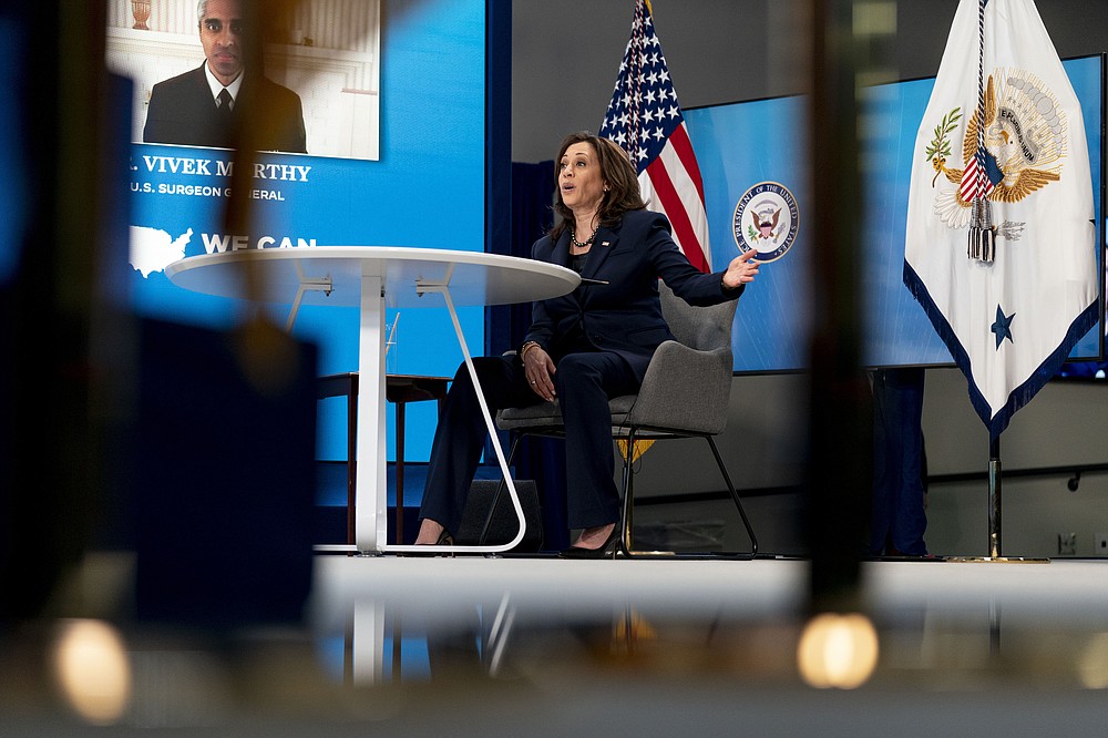 Vice President Kamala Harris speaks during a virtual meeting with community leaders to discuss COVID-19 public education efforts in the South Court Auditorium in the Eisenhower Executive Office Building on the White House Campus, Thursday, April 1, 2021, in Washington. (AP Photo/Andrew Harnik)