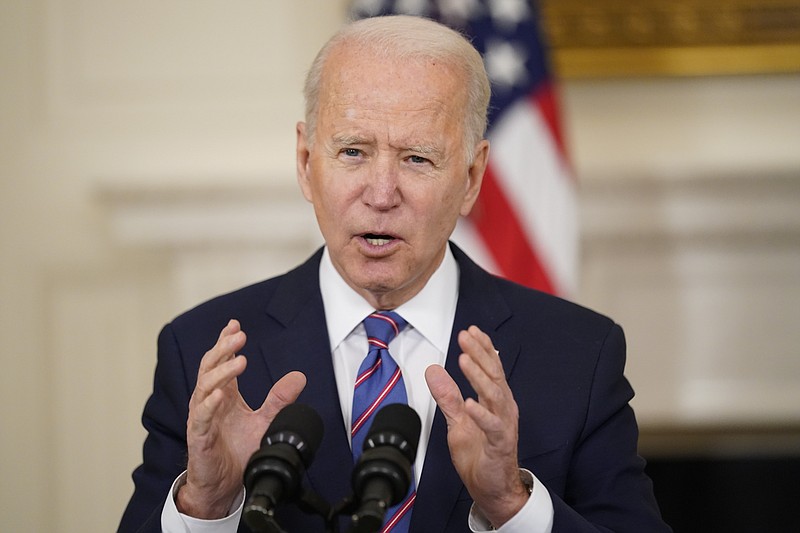 President Joe Biden speaks about the March jobs report in the State Dining Room of the White House, Friday, April 2, 2021, in Washington. (AP Photo/Andrew Harnik)