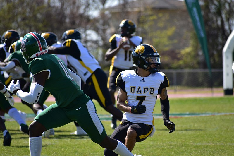UAPB wide receiver Tyrin Ralph runs a route during the first quarter against Mississippi Valley State on Saturday, April 3, 2021, at Rice-Totten Stadium in Itta Bena, Miss. (Pine Bluff Commercial/I.C. Murrell)
