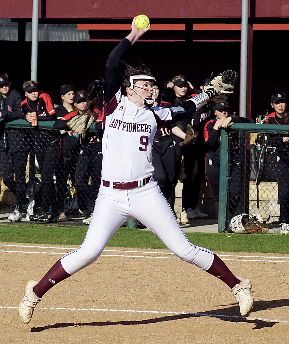 Westside Eagle Observer/RANDY MOLL
Gentry's star pitcher, Kyleigh Wheaton, not only strikes out many batters in each game, but she also hit home runs in both of Gentry's games last week.
