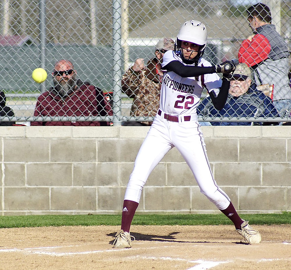 Westside Eagle Observer/RANDY MOLL
Gentry's Mazzi Jones focuses on a pitch during play against Pea Ridge at Gentry High School on March 31, 2021.