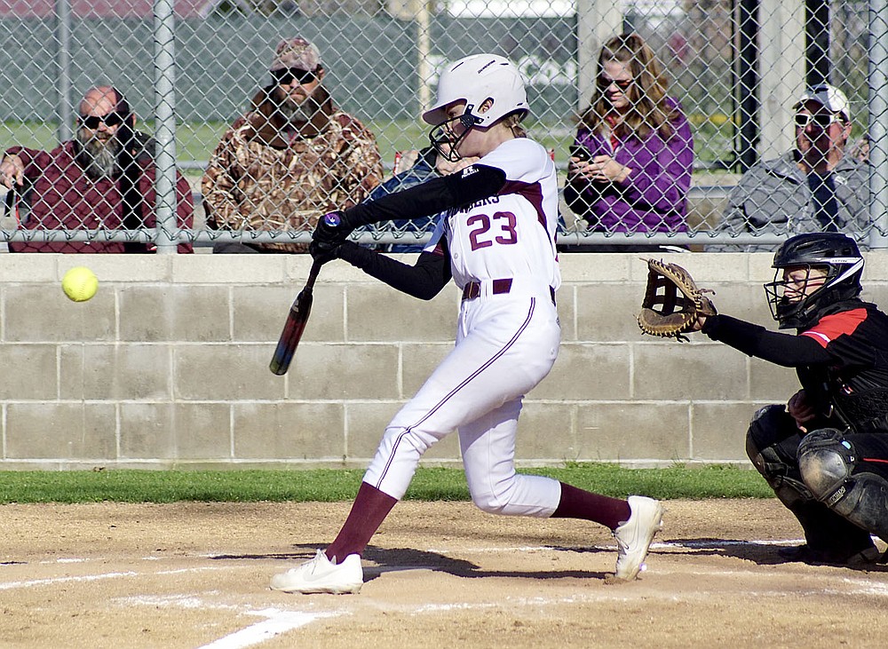 Westside Eagle Observer/RANDY MOLL
Gentry's catcher, Taylor Norman, takes a cut at a pitch during play against Pea Ridge in Gentry on March 31, 2021.