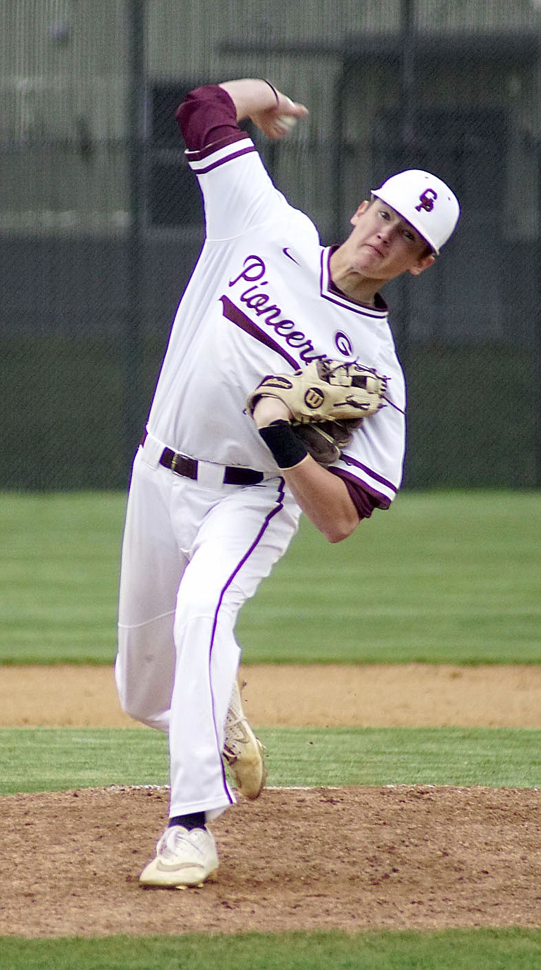 Westside Eagle Observer/RANDY MOLL
Gentry's Isaac Crittenden throws a pitch March 30 at Gentry High School in play against Pea Ridge. He gave up one run on three hits over five innings, striking out nine.