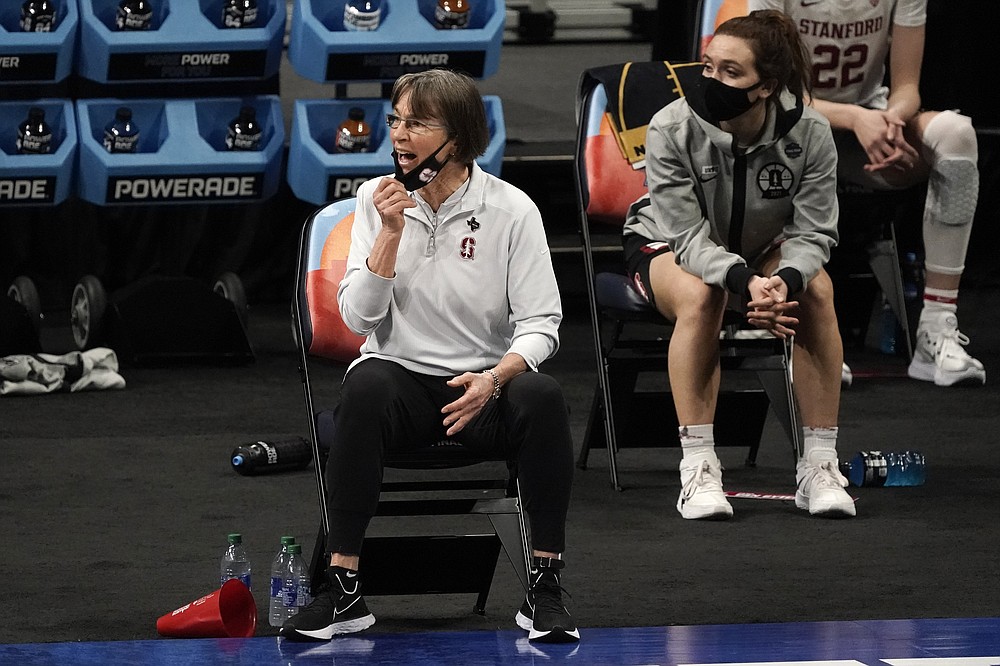 Stanford head coach Tara VanDerveer watches from the bench during the first half of the championship game against Arizona in the women's Final Four NCAA college basketball tournament, Sunday, April 4, 2021, at the Alamodome in San Antonio. (AP Photo/Morry Gash)