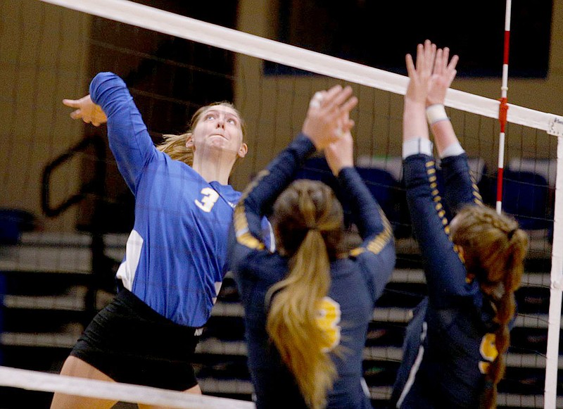 Photo courtesy of JBU Sports Information
John Brown's Ellie Lampton goes up for a hit Saturday against Texas Wesleyan.