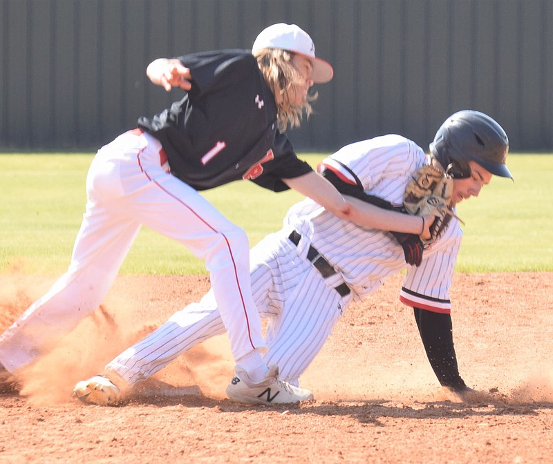 RICK PECK/SPECIAL TO MCDONALD COUNTY PRESS McDonald County outfielder Levi Malone steals second base during the Mustangs 12-6 win over West Plains on April 3 at McDonald County High School.