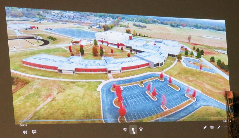 Westside Eagle Observer/SUSAN HOLLAND
An image showing an overhead view of the Gravette High School campus is one of the scenes in a new promotional video released by the City of Gravette and the Greater Gravette Chamber of Commerce. The brief video, which was aired at the April 8 Committee of the Whole meeting, will be used to inform persons interested in moving to the area and/or establishing their businesses here.