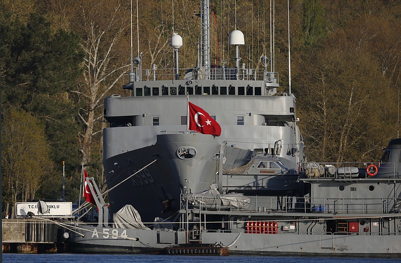 FILE-In this Thursday, April 27, 2017 file photo, Turkish Navy vessels are docked at a port base in the Bosporus strait, in the outskirts of Istanbul, close to the Black Sea. Turkish authorities on Monday, April 5, 2021, detained 10 former admirals after a group of more than 100 retired top navy officers issued a statement that government officials tied to Turkey's history of military coups. (AP Photo/Lefteris Pitarakis, File)