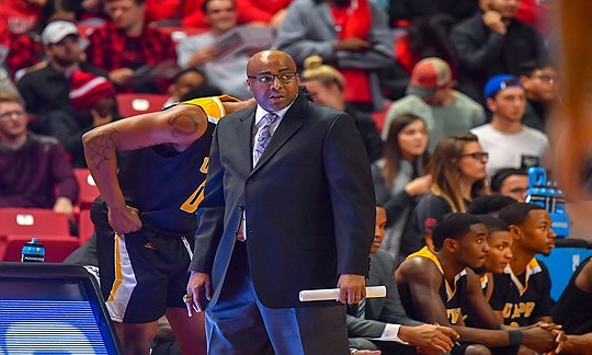 UAPB men's basketball Coach George Ivory walks the sideline during a Dec. 5, 2018, game at Texas Tech in Lubbock. Texas Tech went on to the NCAA championship game that season. (UAPB Sports Information)