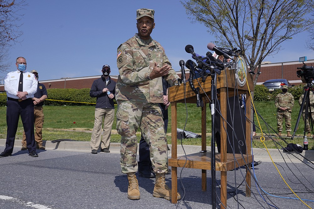 Brig. Gen. Michael J. Talley, commander of U.S. Army Medical Research and Development Command and Fort Detrick, Md., speaks during a news conference near the scene of a shooting at a business park in Frederick, Md., Tuesday, April 6, 2021. (AP Photo/Carolyn Kaster)