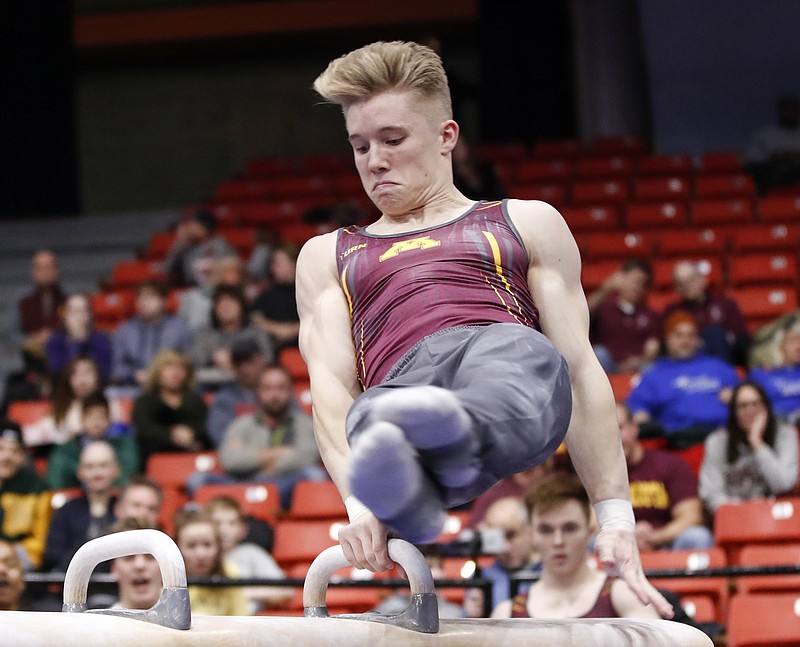 Minnesota's Shane Wiskus competes during a Jan. 18, 2020, NCAA gymnastics meet in Chicago. Wiskus is an Olympic hopeful who moved to the Olympic Training Center (OTC) in Colorado Springs after his college program, Minnesota, announced it would be shutting down its program. - Photo by Kamil Krzaczynsk of The Associated Press