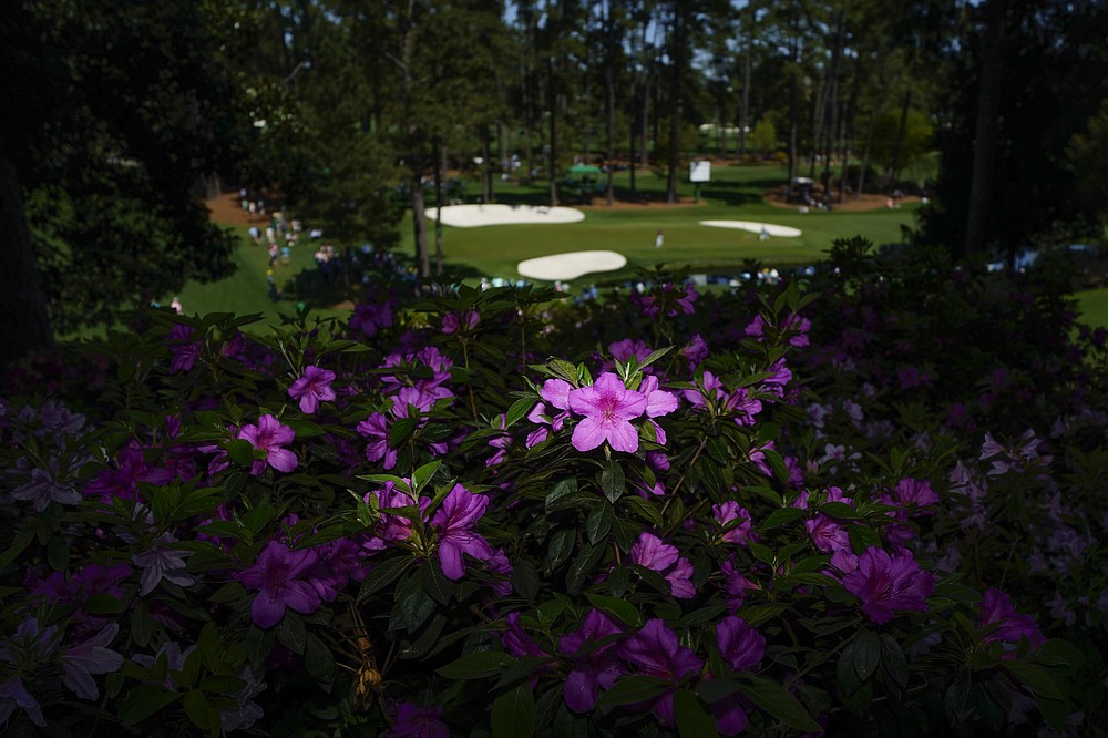 Azaleas frame 16th Green during a practice round for the Masters golf tournament on Monday, April 5, 2021, in Augusta, Ga. (AP Photo/Matt Slocum)