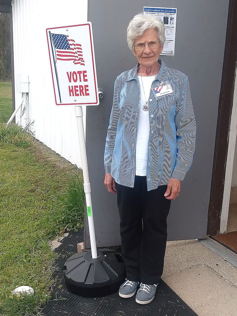 MEGAN DAVIS/MCDONALD COUNTY PRESS Poll worker Mary Banks observed the start of her 50th election season on Tuesday. Banks has been working each election in Jane since 1971.