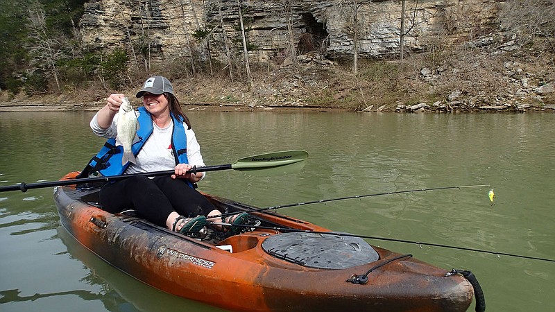 Becky Roark of Fayetteville catches a white bass in April 2020 on the War Eagle River. White bass fishing heats up in April when these fish make their spawning run up the tributaries of Beaver Lake and other big Ozark reservoirs.
(NWA Democrat-Gazette/Flip Putthoff)