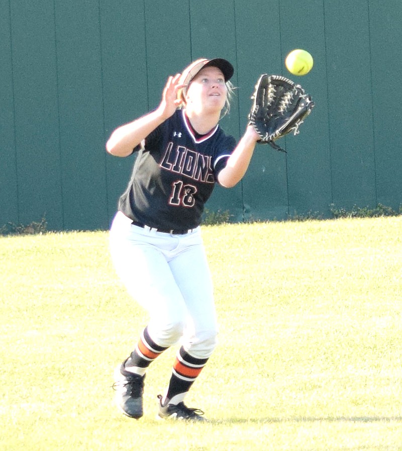 Westside Eagle Observer/MIKE ECKELS
Paige Greer makes a catch in center field for the first out in the top of the fifth during the Gravette-Harrison softball contest at Lion Softball field in Gravatte Thursday night.