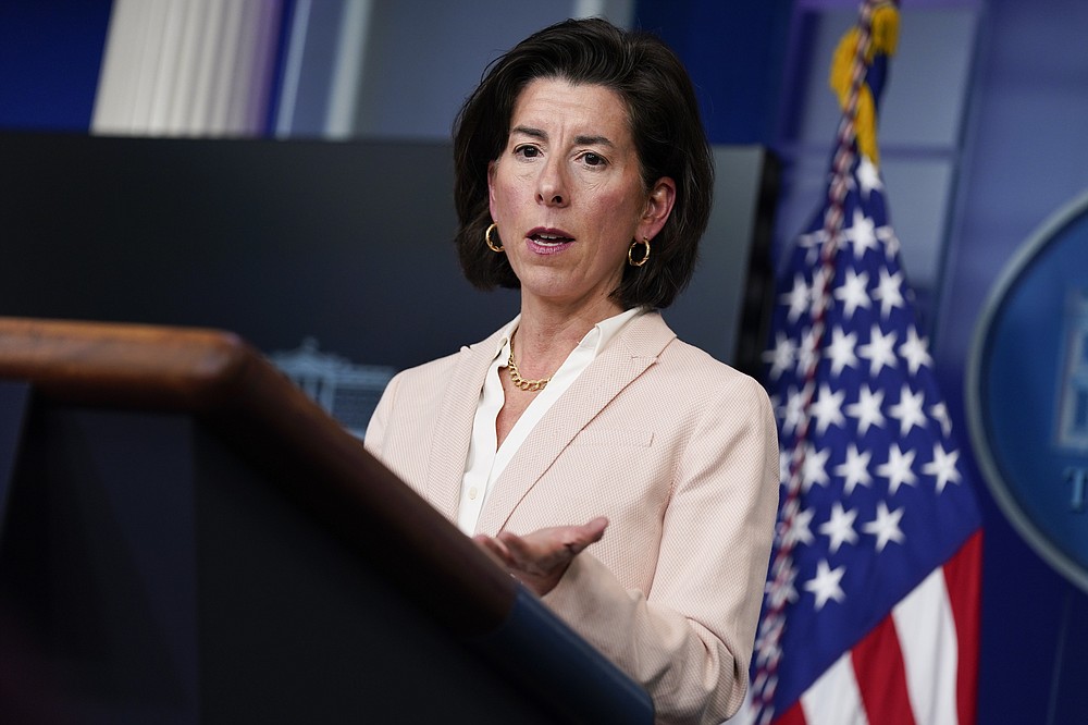 Commerce Secretary Gina Raimondo speaks during a press briefing at the White House, Wednesday, April 7, 2021, in Washington. (AP Photo/Evan Vucci)