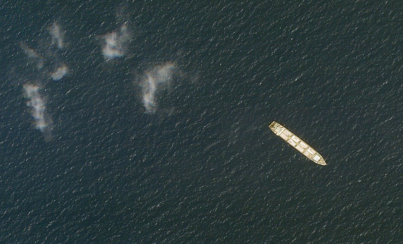 This Oct. 1, 2020, satellite photo from Planet Labs Inc. shows the Iranian cargo ship MV Saviz in the Red Sea off the coast of Yemen. The Iranian cargo ship, believed to be a base for the paramilitary Revolutionary Guard that has been anchored for years in the Red Sea off Yemen, has been attacked, Iranian state television acknowledged Wednesday, Wednesday, April 7, 2021. (Planet Labs Inc. via AP)