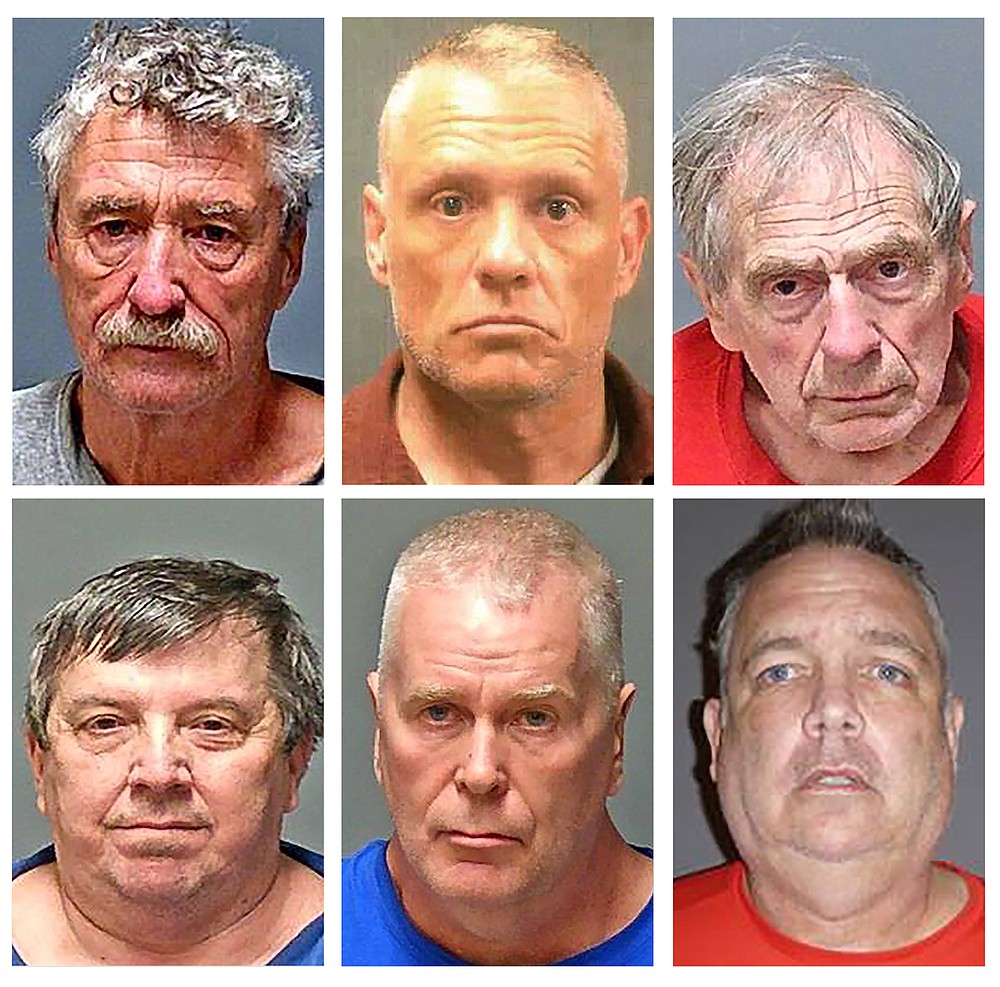 This combo of undated handout booking photo provided by the New Hampshire Attorney General's office shows, from top row left, Bradley Asbury, Jeffrey Buskey and Frank Davis; bottom row from left, Lucien Poulette, James Woodlock and Stephen Murphy. The six men were arrested Wednesday, April 7, 2021, in connection with sexual abuse allegations at New Hampshire's state-run youth detention center, the attorney general's office said. (New Hampshire Attorney General's Office via AP)