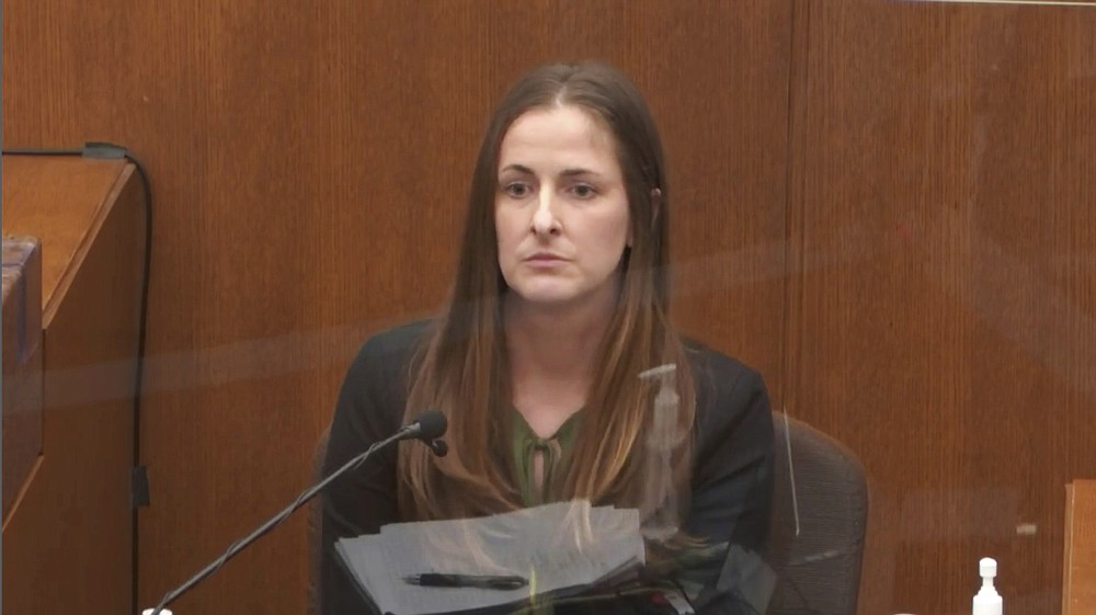 In this image taken from video, McKenzie Anderson, a forensic scientist with the Minnesota Bureau of Criminal Apprehension testifies as Hennepin County Judge Peter Cahill presides Wednesday, April 7, 2021, in the trial of former Minneapolis police Officer Derek Chauvin at the Hennepin County Courthouse in Minneapolis. Chauvin is charged in the May 25, 2020 death of George Floyd. (Court TV via AP, Pool)
