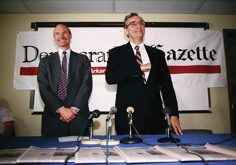 Arkansas Democrat-Gazette publisher Walter Hussman (left) looks on as Paul Greenberg talks about taking over as the paper’s editorial page editor. The announcement was made March 27, 1992. The Pulitzer Prize-winning Greenberg died Tuesday at 84.
(File Photo/Arkansas Democrat-Gazette/John Sykes Jr.