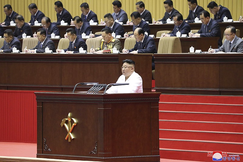 In this photo provided by the North Korean government, North Korean leader Kim Jong Un delivers an opening speech at a conference of the Workers’ Party’s cell secretaries in Pyongyang, North Korea, Tuesday, April 6, 2021. Kim has acknowledged his country was facing the “worst-ever situation” as he addressed thousands of grassroots members of his ruling party during the major political conference. Independent journalists were not given access to cover the event depicted in this image distributed by the North Korean government. The content of this image is as provided and cannot be independently verified. Korean language watermark on image as provided by source reads: "KCNA" which is the abbreviation for Korean Central News Agency. (Korean Central News Agency/Korea News Service via AP)